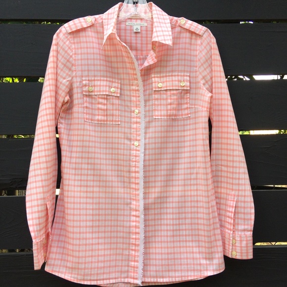 Banana Republic Gingham coral orange button down 100% cotton shirt XS - Picture 12 of 14